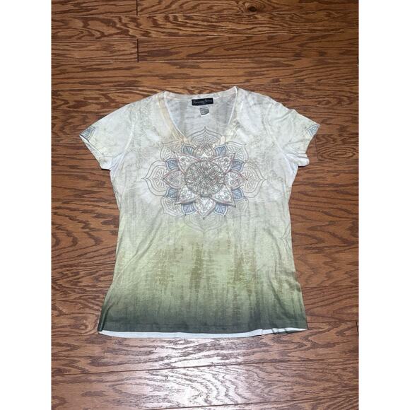 Appropriate Behavior Women's Green Y2k Mandala Short Sleeve V-Neck Shirt, Sz L - Picture 1 of 4